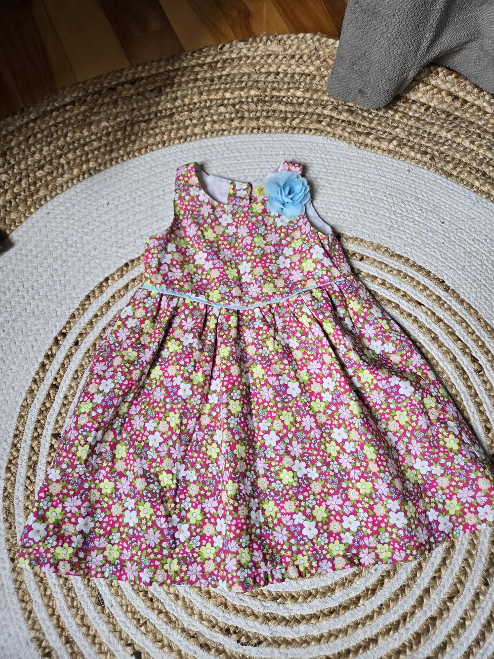 Penelope Mack Pink Floral Sundress with Blue Flower Accent - Summer